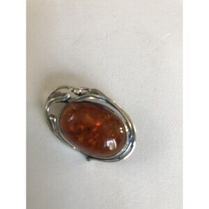 Vintage 925 Sterling Silver Oval Baltic Amber Draping Leaf Brooch Pin